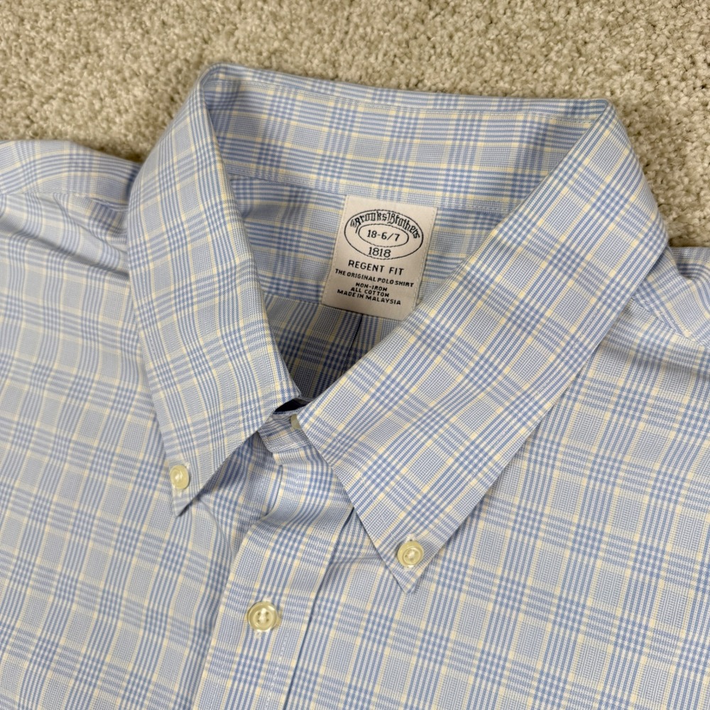 Brooks Brothers Dress Shirt Mens 18 6/7‎ Blue White Plaid Regent Fit Non-Iron